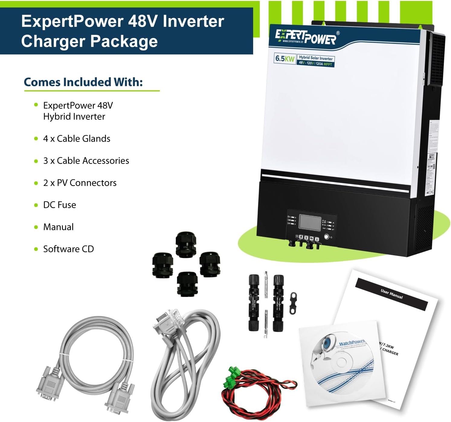 ExpertPower 6500W 48V - 120V Hybrid Solar Inverter | 120A MPPT Solar Controller | 120V / 240V Split Phase (2 Units Needed) | Max. 39KW Parallel | UL1741 | WiFi | Home, Cabin, Off-Grid Solar System