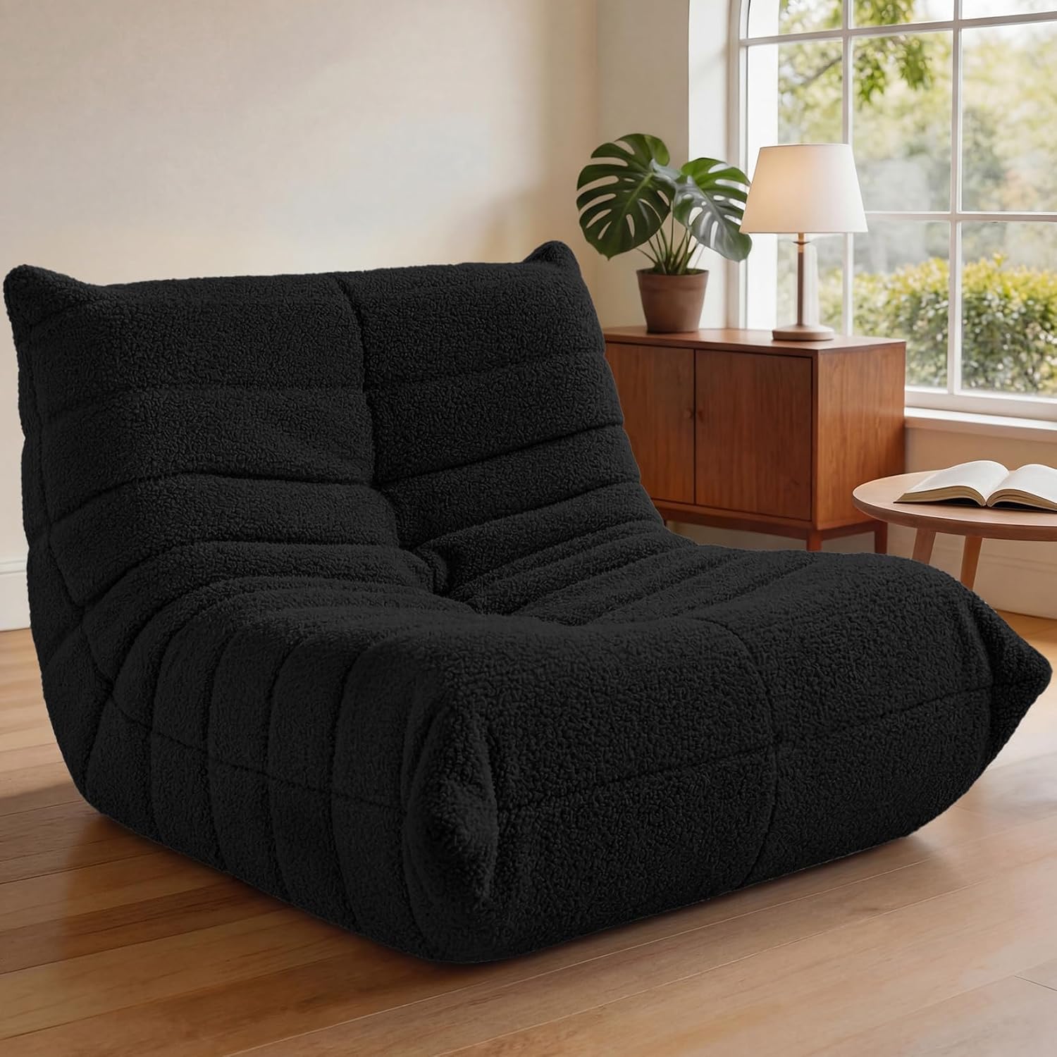 HABUTWAY Bean Bag Chairs Fireside Lazy Floor Sofa, Soft Teddy Fleece Bean Bag Sofa with High-Resilience Foam Filling，Beanbag for Living Room, Bedroom, Office (Black Teddy)