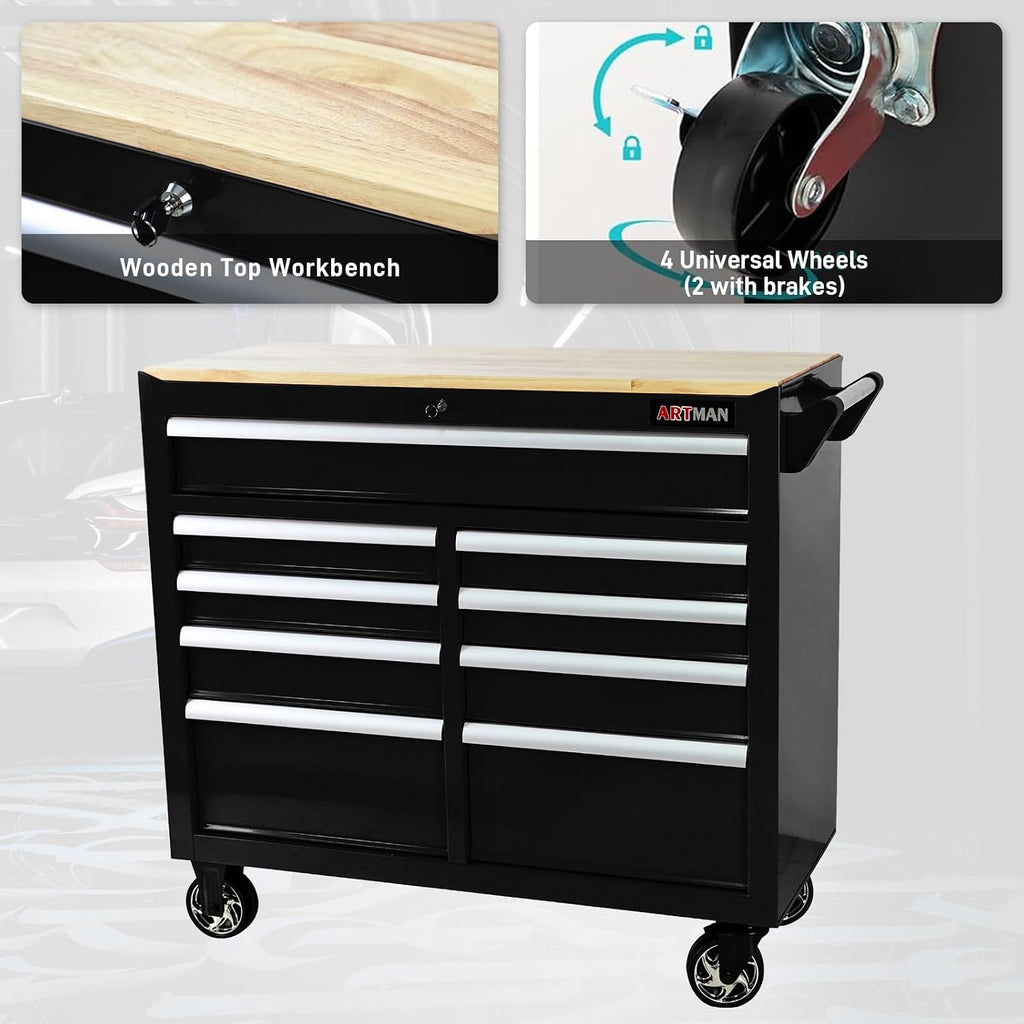 Rolling Tool Chest with Wheels, 9 Drawer Metal Tool Cabinet, Large Tool Cart for Garage, Warehouse, Workshop, Repair Shop, Black
