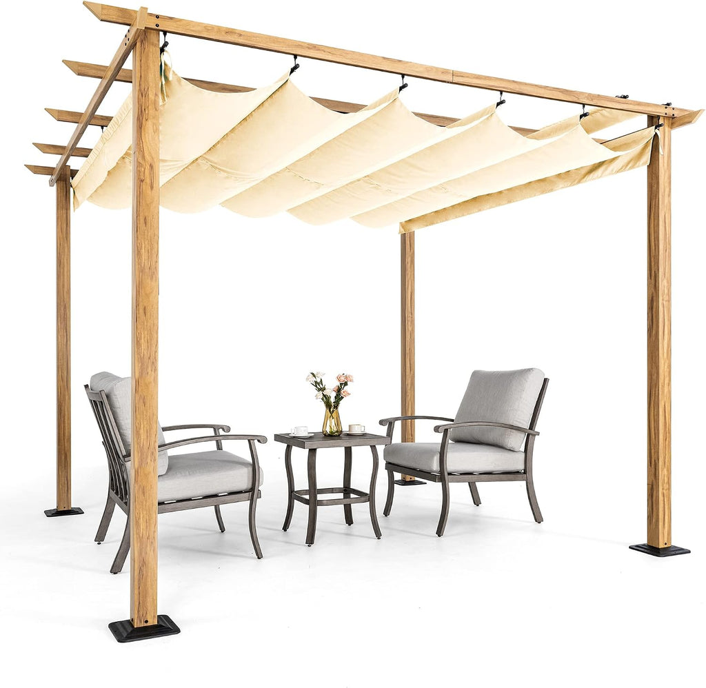 HAPPATIO 10' X 10' Wood-Grain Aluminum Pergola - Adjustable Sun Shade Canopy with Retractable Roof for Backyard, Deck, Patio, by The Pool (Beige)