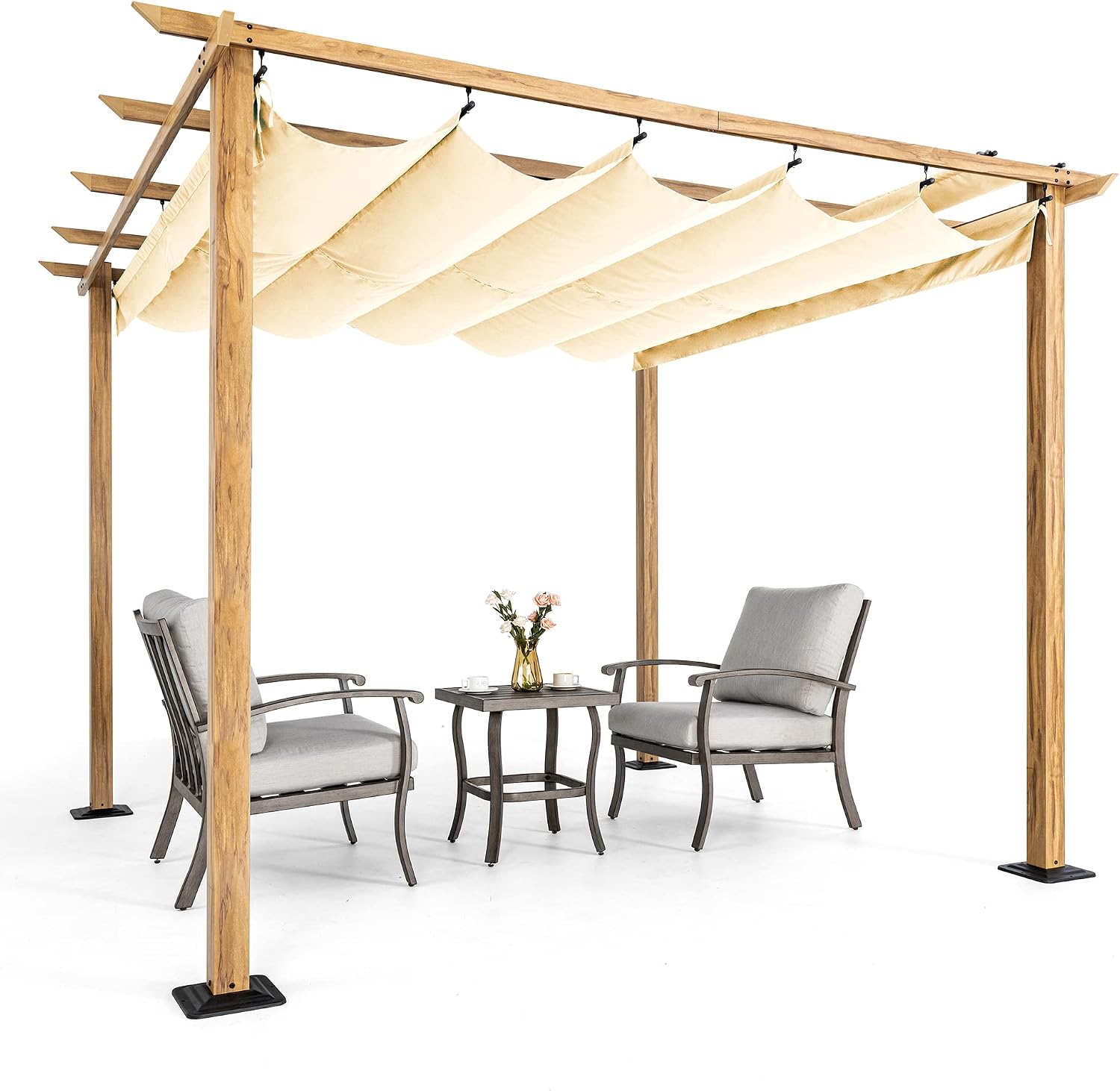 HAPPATIO 10' X 10' Wood-Grain Aluminum Pergola - Adjustable Sun Shade Canopy with Retractable Roof for Backyard, Deck, Patio, by The Pool (Beige)