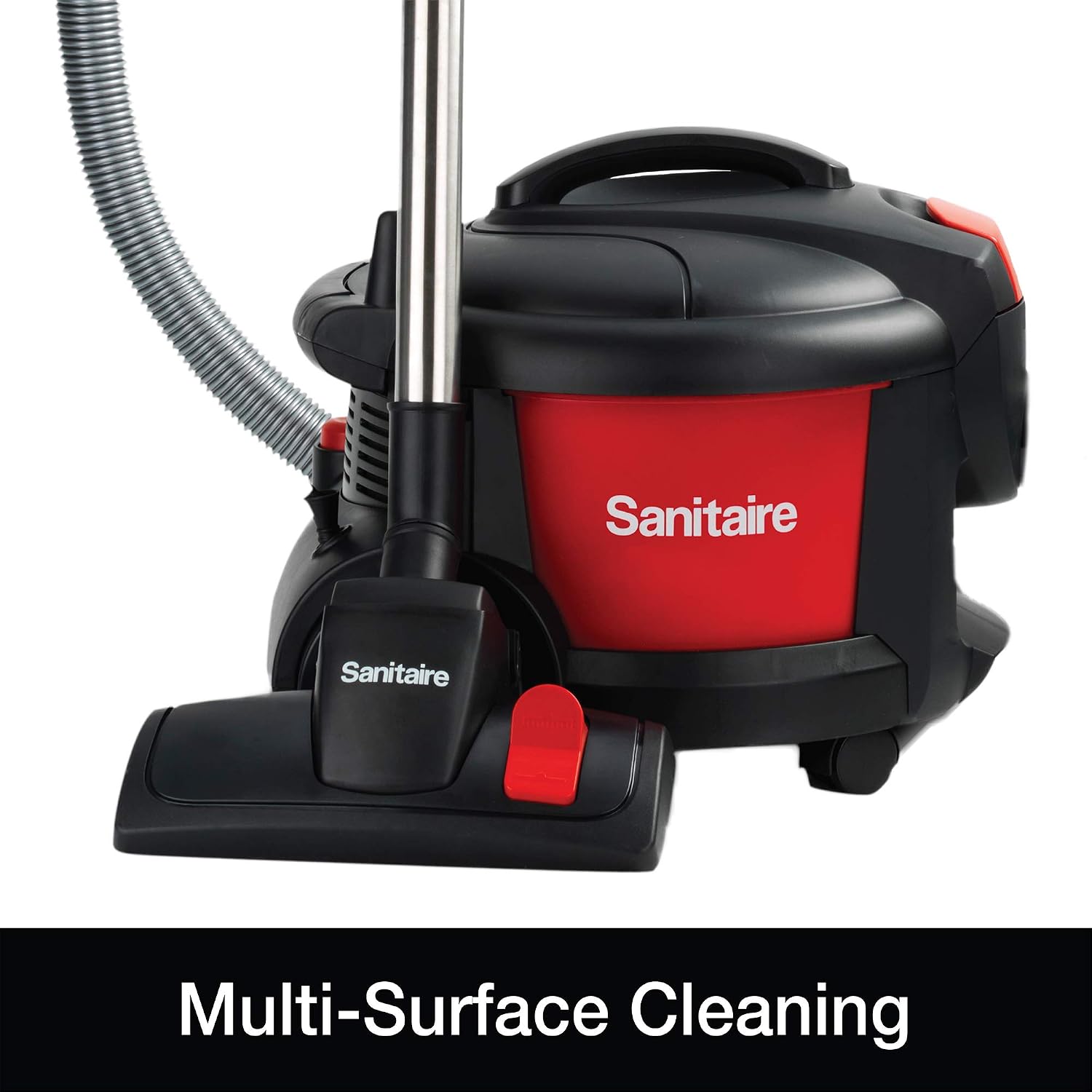 Sanitaire SC3700A Quiet Clean Canister Vacuum, Red/Black, 9.0 Amp, 11' Cleaning Path.