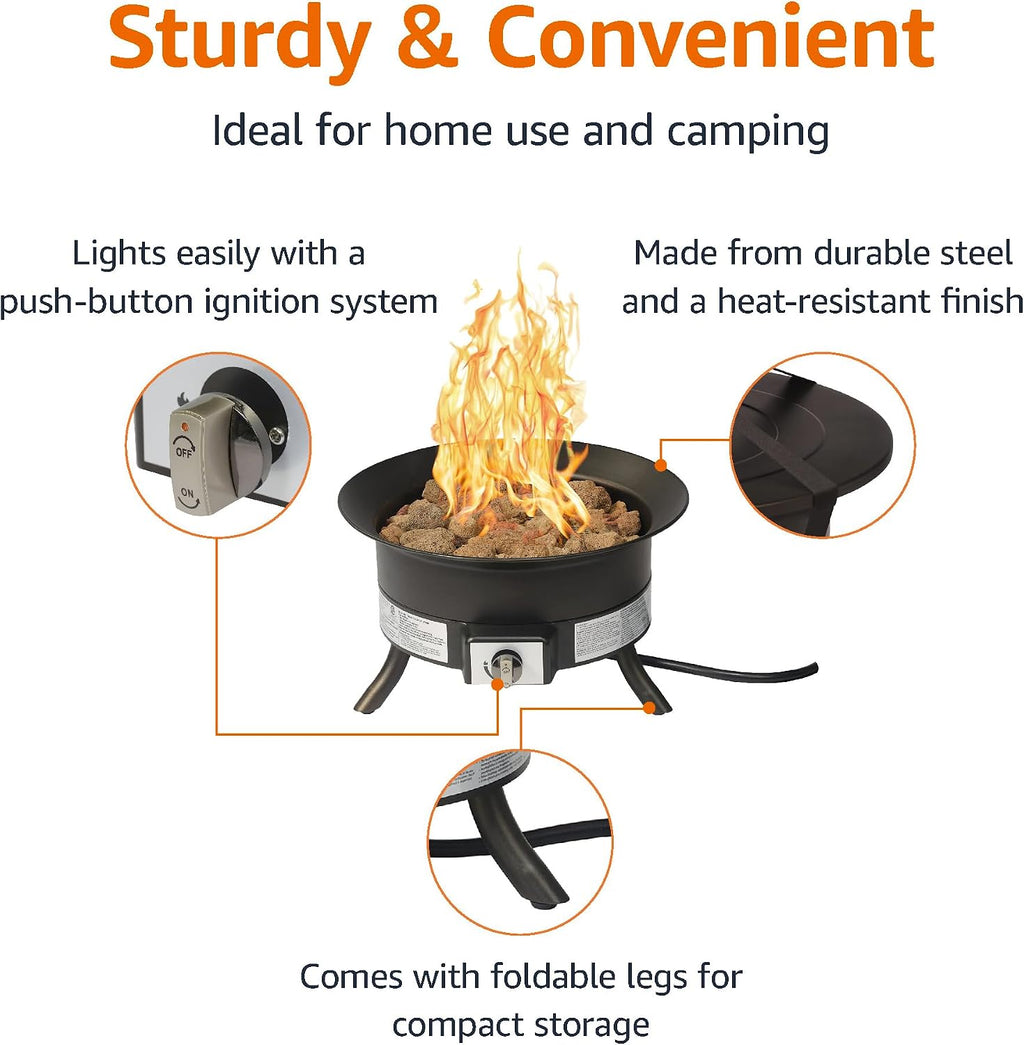 Amazon Basics Portable Propane Fire Pit, 19 inch Round Gas for Patio, 55,000 BTU, Carry Strap, Heat, Warmth and Ambience