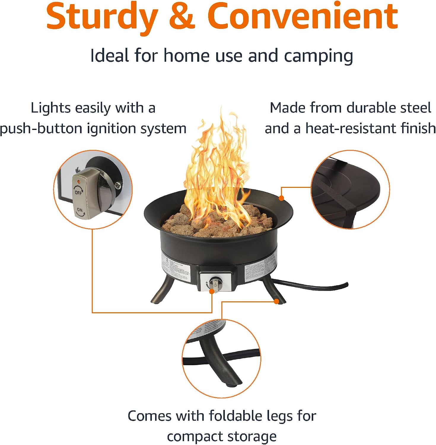 Amazon Basics Portable Propane Fire Pit, 19 inch Round Gas for Patio, 55,000 BTU, Carry Strap, Heat, Warmth and Ambience