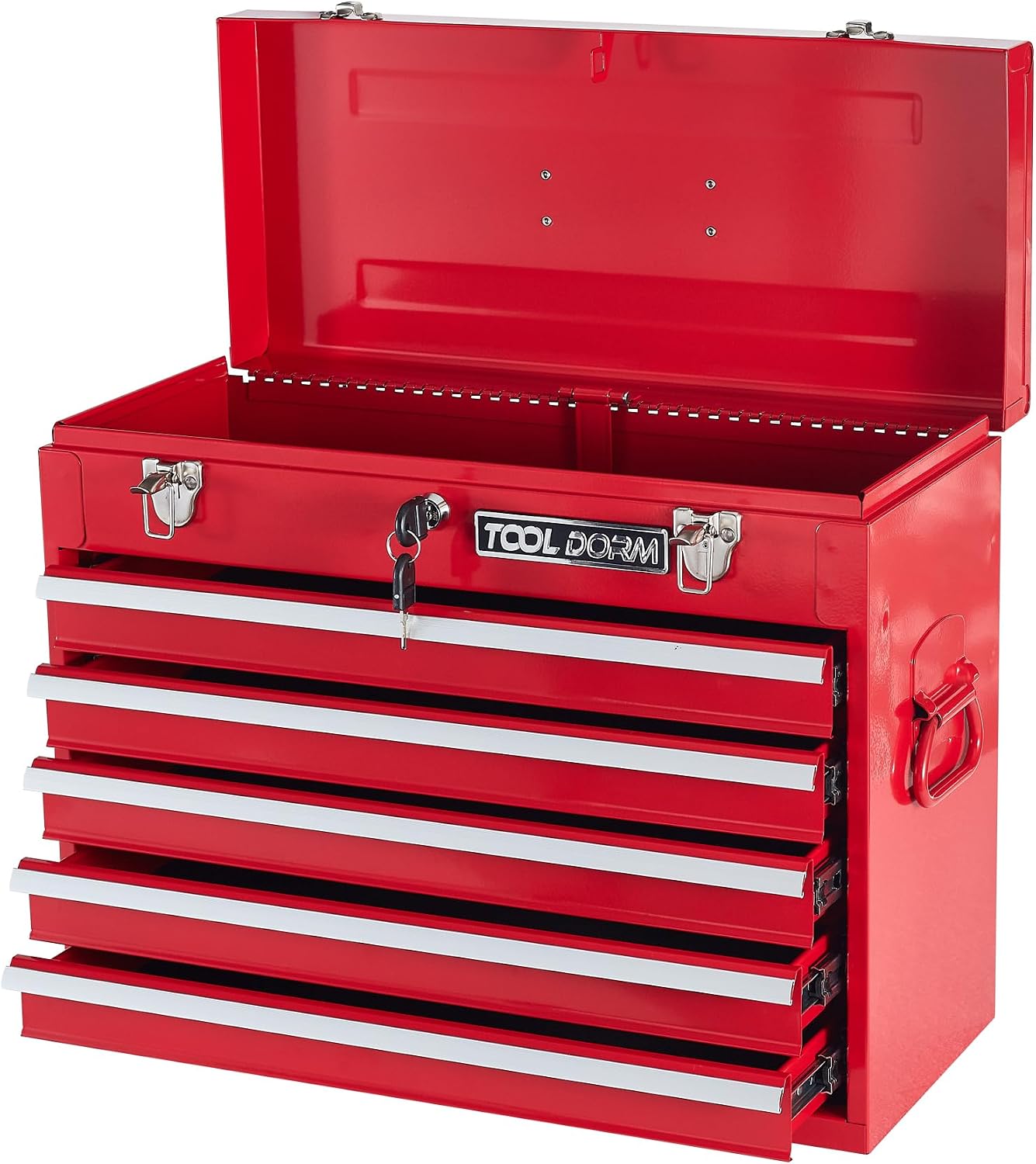 Metal Tool Box with 5 Drawers Portable Steel Tool Chest with Metal Cylinder Lock and Latch Closure, Liner, Red Powder coating, suitable for Garage, Warehouse and Outdoor Repair job