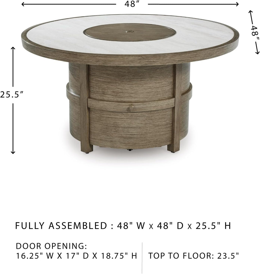Signature Design by Ashley Rainier Ranch Contemporary Sintered Stone Tabletop Outdoor Fire Pit Table with Pedestal Base, Light Brown & Beige
