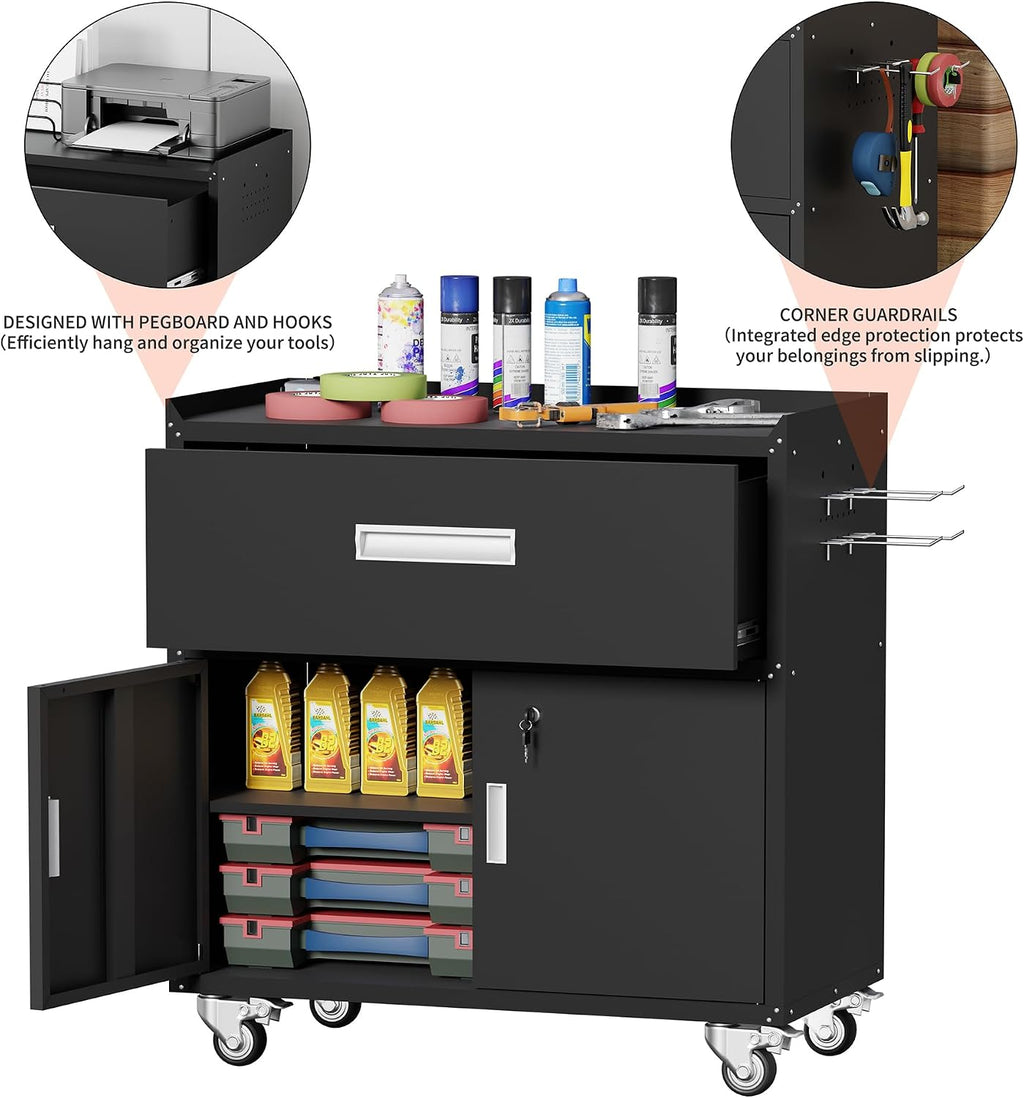 Washsemba Metal Garage Storage Cabinet with Wheels ，Rolling Toolbox with Lockable Drawer, Utility Cabinet for Home, Office, Garage and Workshop (Black)