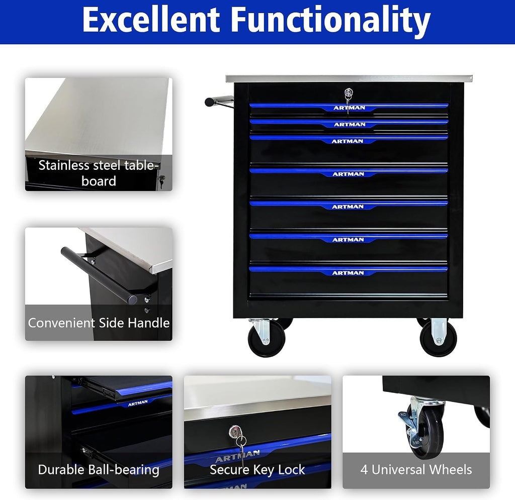 7-Drawer Heavy-Duty Rolling Steel Tool Cart with Handle&Wheels, Metal Storage Organizer Cabinet, Tool Chest for Efficient Tool Storage in Garage, Warehouse, Workshop, Repair Shop, Blue