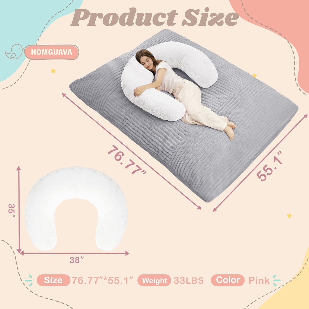 Homguava Giant Bean Bag Chair for Adults with Pillow, 4 in 1 Convertible Floor Cushion for Adluts, Memory Foamed Bean Bag Lounger with Washable Cover for Living Room, Bedroom
