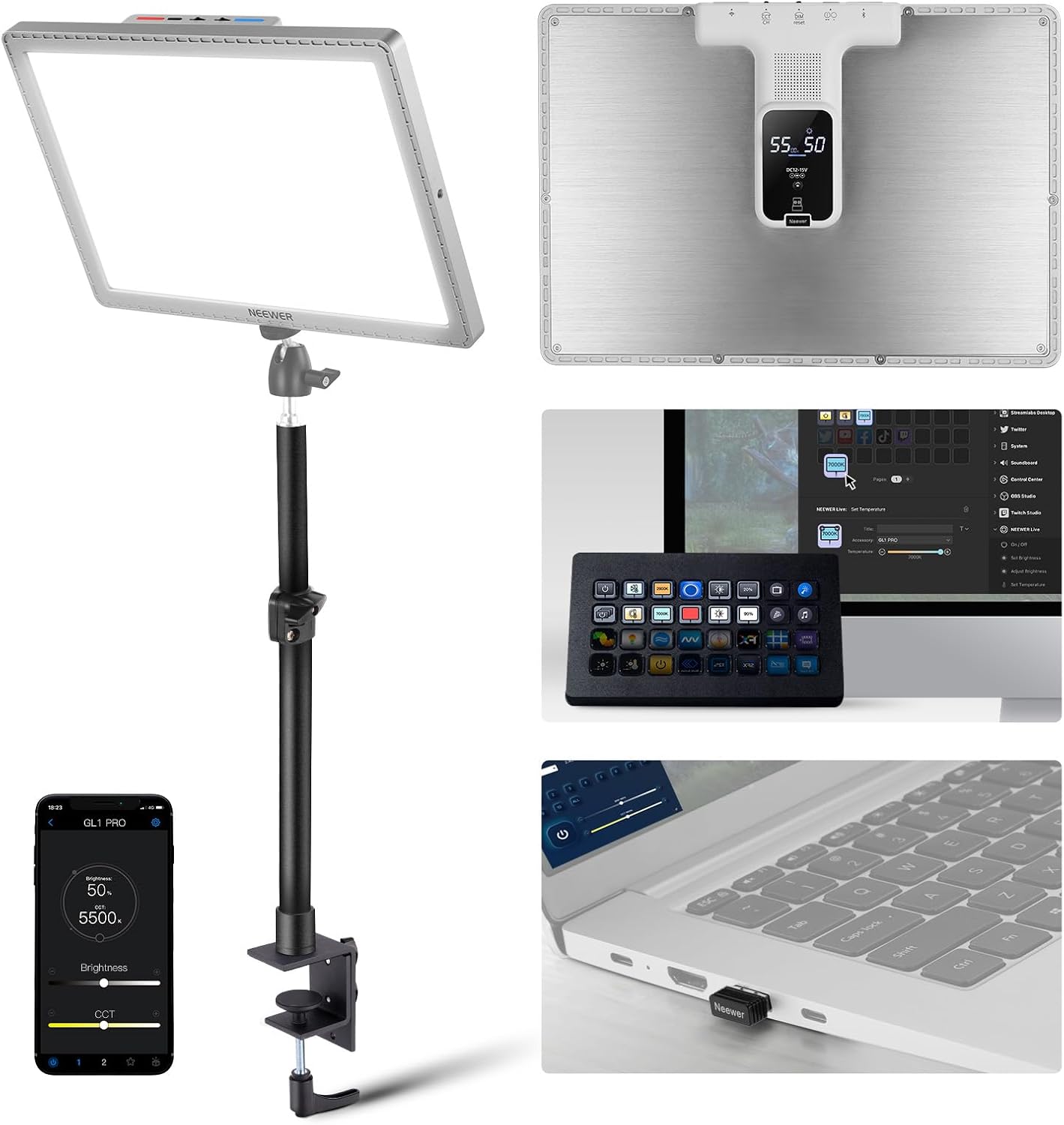 NEEWER GL1 PRO 15.5' Key Light Streaming Light, Video Light with 2.4G PC/Mac iOS/Android APP Control, 2800LM LED Panel Light with Desk Clamp Compatible with Elgato Stream Deck for Gaming Zoom, Silver