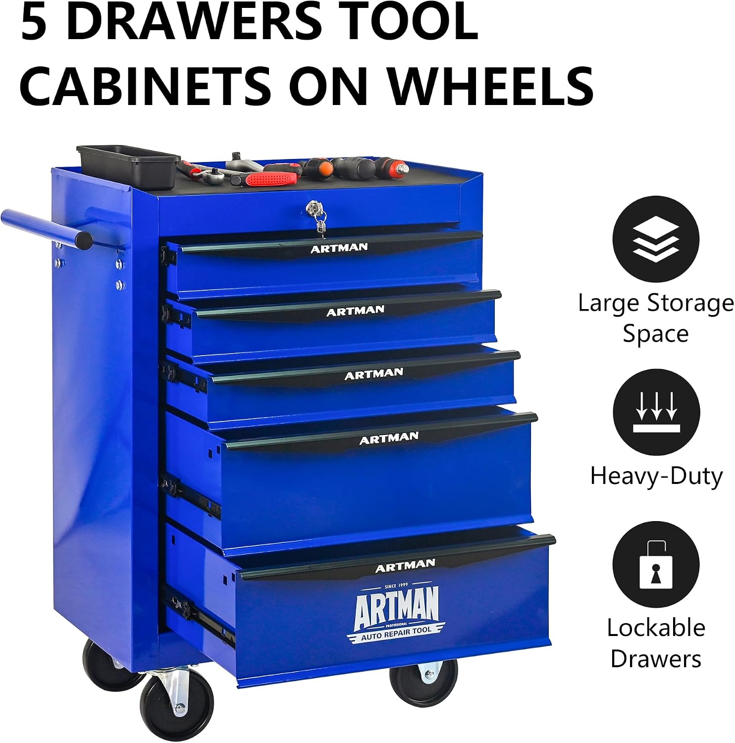 Rolling Tool Box with Wheels, Mechanics Tool Chest with 5 Drawers, Tool Box Organizer with 7 Tool Storage Boxes, Lockable Tool Storage Cabinet for Home Garage Workshop Warehouse Repair Shop, Blue