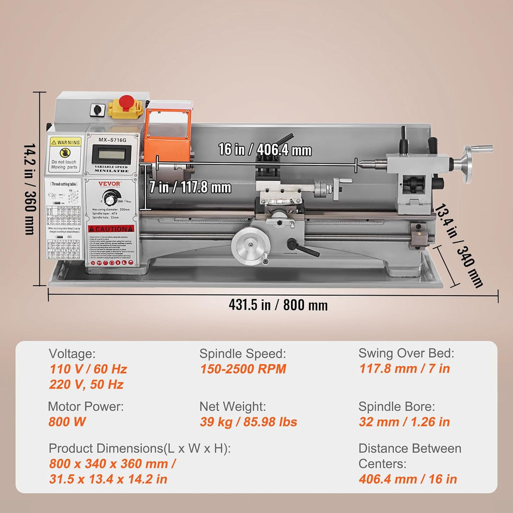 VEVOR 7'' x 16'' Metal Lathe Machine, 800W Precision Benchtop Power Metal Lathe, 150-2500 RPM Continuously Variable Speed, with 3.9'' 3-jaw Metal Chuck Come with Tool Box