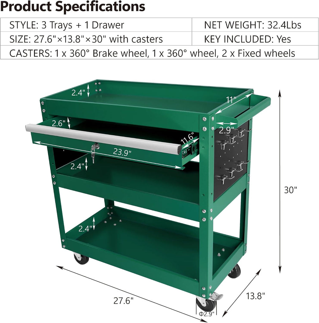 3 Tier Tool Cart Rolling Tool Chest on Wheels 1 Drawer Rolling Tool Box Organizer Removable Portable Tool Cabinet with Locking System for Garage Workshop Warehouse Repair Shop Green