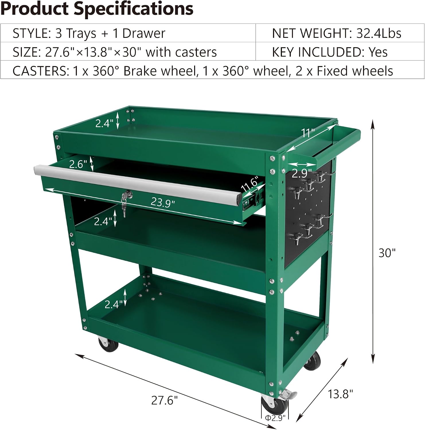 3 Tier Tool Cart Rolling Tool Chest on Wheels 1 Drawer Rolling Tool Box Organizer Removable Portable Tool Cabinet with Locking System for Garage Workshop Warehouse Repair Shop Green