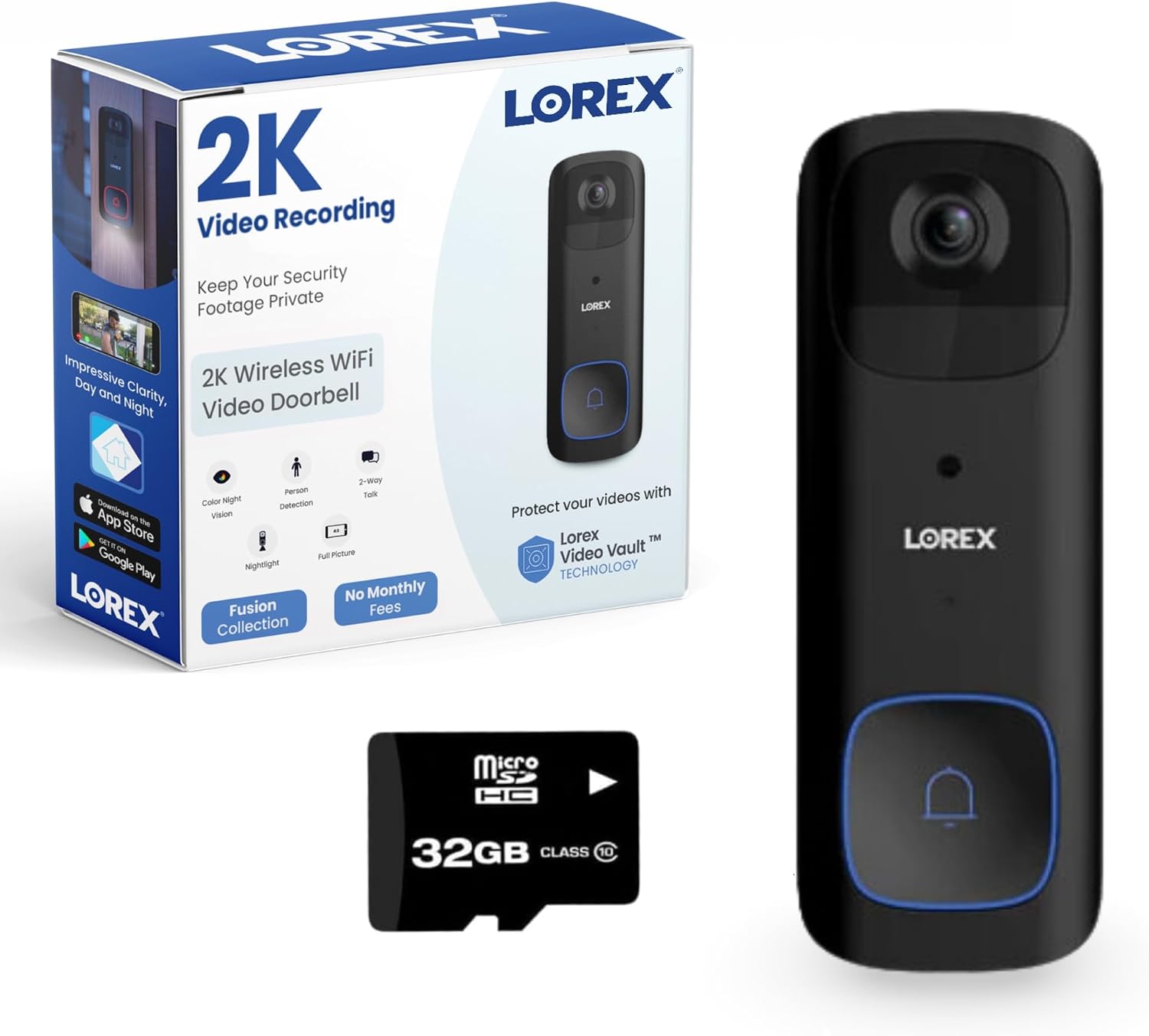 Lorex 2K Wireless WiFi Smart Video Doorbell Camera | No Subscription Fee | 32GB MicroSD Card Included | Smart Security Lighting | Night Vision | Battery-Powered | Motion Detection | Black