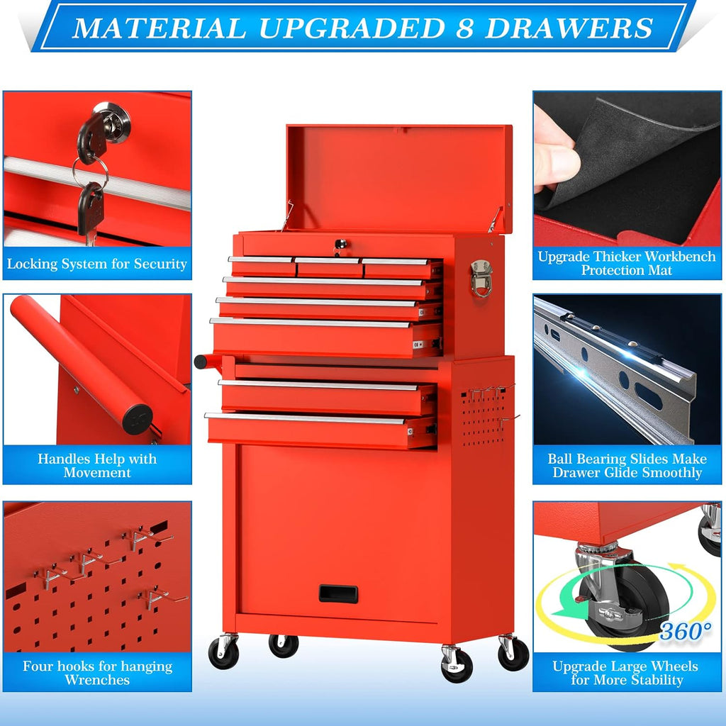 Go Big 8-Drawers Tool Chest Tool Box, Rolling Tool Chest with Wheels, Rolling Tool Box with Wheels, Garage Tool Storage Cabinet on Wheels, Locking System Toolbox(Red)