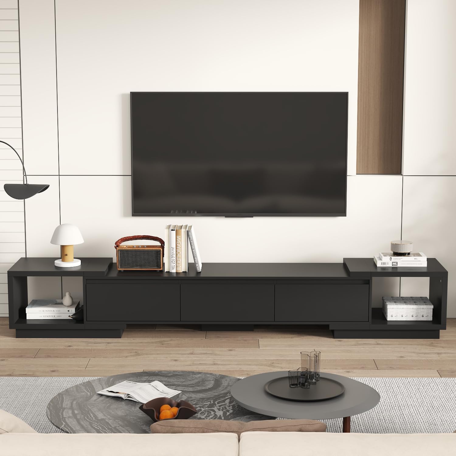 AIEGLE Deformable TV Console with 3 Drawers, Modern Extendable TV Stand in Stretch of 65'-106' Wide, Wood Media Gaming Entertainment Center, Black