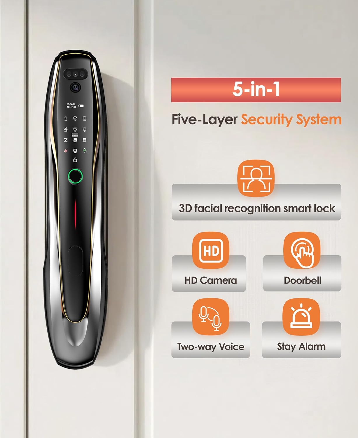 3D Face Recognition Smart Lock with Camera & Handle,Video Doorbell, 7-in-1 Keyless Entry, IP67 Waterproof, 4.5' HD Screen, 2-Way Talk,Tuya App, Door Lock for Front Door