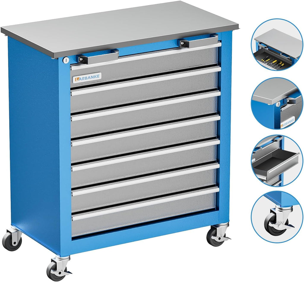 LARBANKE Tool Chest,7-Drawer Rolling Toolbox Chest,Rolling Tool Chest on Wheels with Keyed Locking System,and 4 Foot Pad,Tool Chet can be Combined Cabinet Set with 5-Drawer Tool Chest,for Garage