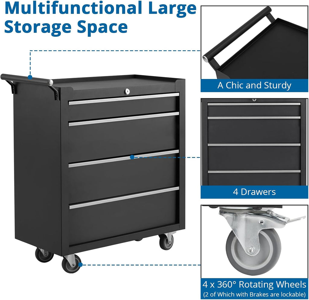 24' Rolling Tool Chest, 4-Drawer Tool Box, Wheels Lockable Tool Cabinet Organizer, Portable Tool Cabinet Organizer with Locking System & Drawer Liners, Tool Storage Cart for Garage, Workshop
