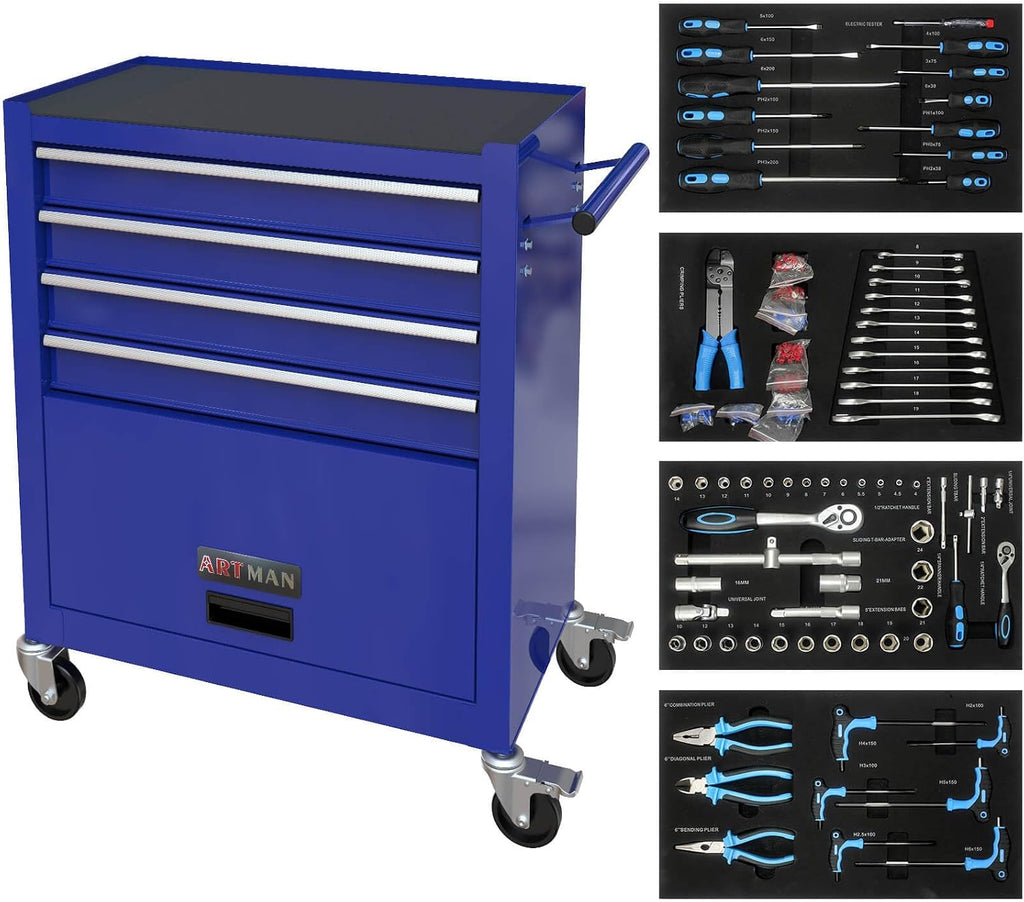 Tool Chest with 233 Pcs Tool Sets, 4-Drawer Blue Tool Cabinet - Rolling Tool Cart On Wheels for Mechanics Heavy-Duty Metal Tool Box Storage Cabinets for Garage (Blue)