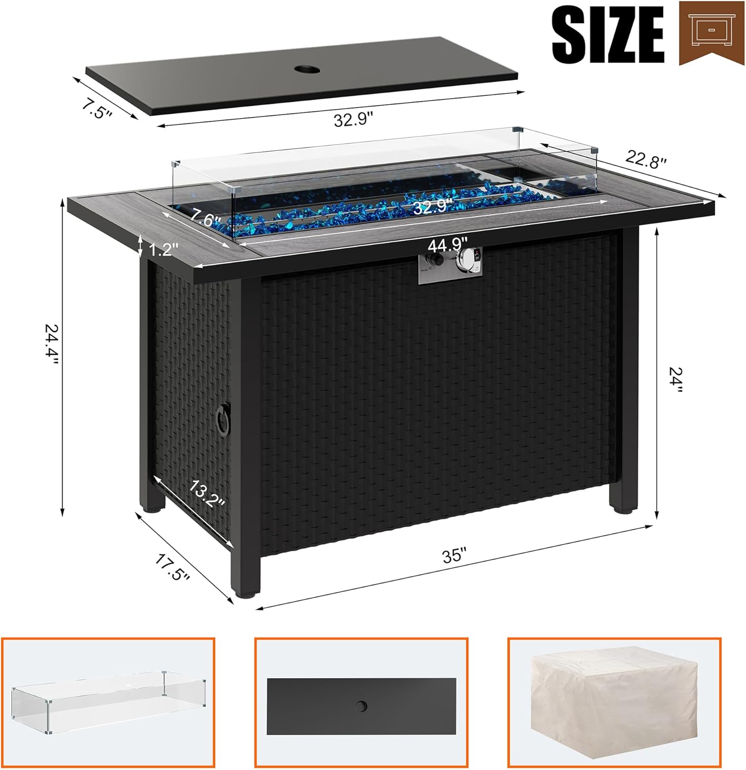 Shintenchi 45 Inch Outdoor Propane Fire Pit 50,000 BTU Gas Fire Pit Table with Lid, Glass Wind Guard, Waterproof Cover, Rectangle Gas Firepit Table for Garden/Patio, CSA Certification