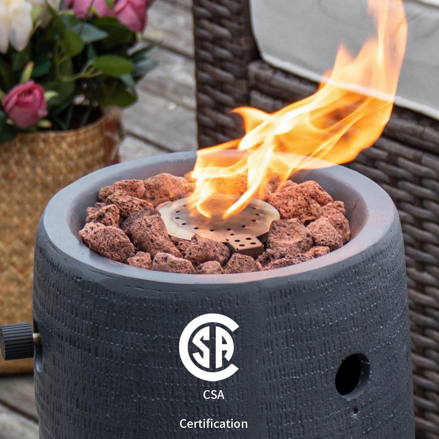COSIEST Outdoor Propane Fire Pit Table w Compact Ledgestone 11-inch Round Graphite Base, Certified, 40,000 BTU, Free Lava Rocks, Touch-up Pen, Fits 20lb (Black)