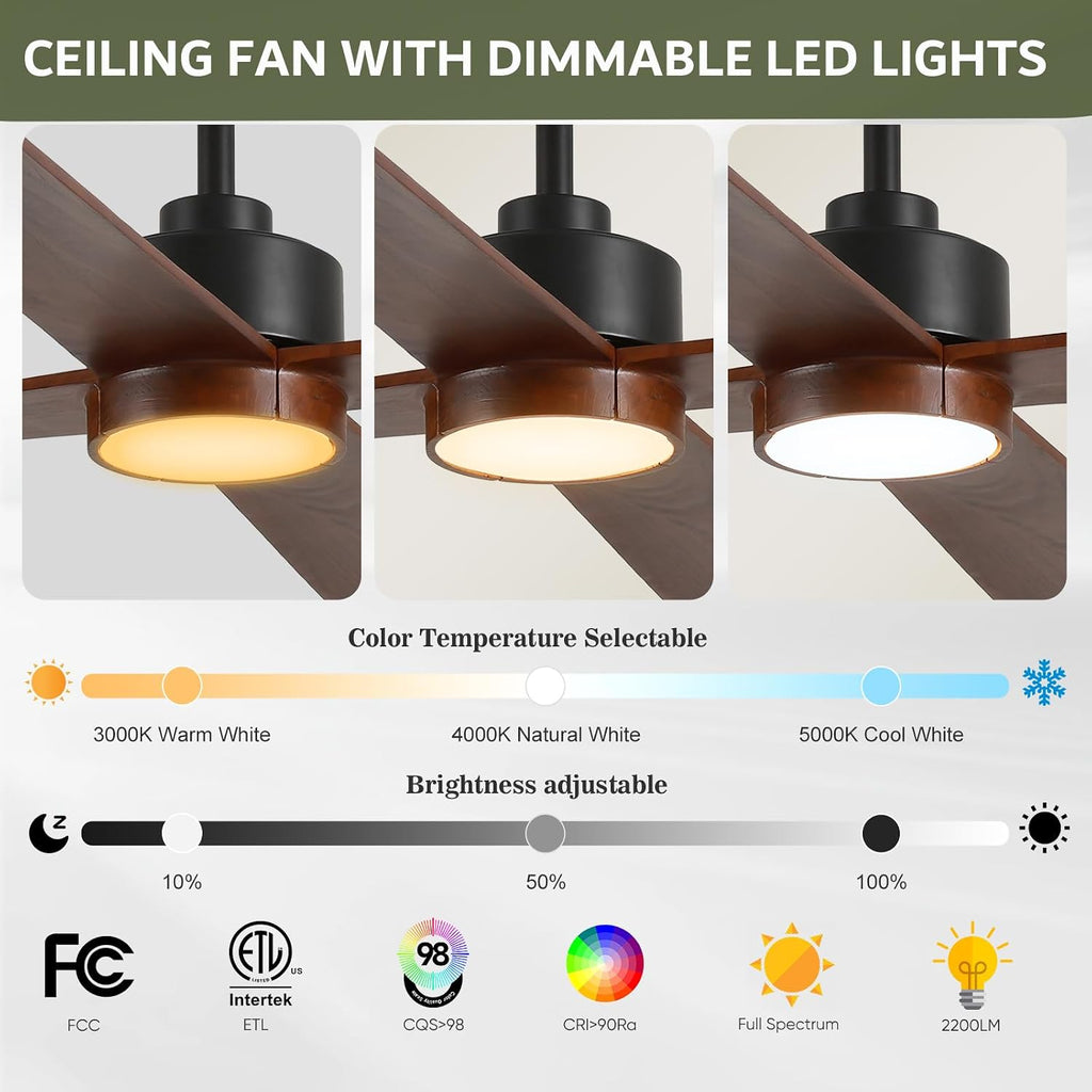 52 Inch Outdoor Ceiling Fan with Lights for Patio, Modern Rustic Farmhouse Smart Ceiling Fan, Solid Wood Blades, Reversible Energy Large Airflow with 3 Downrods for Bedroom Indoor Exterior Commercial