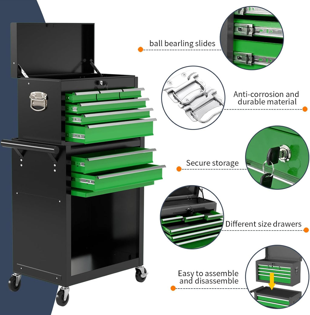 8-Drawer Rolling Tool Box, Lockable Rolling Tool Chest with Wheels and Drawers, 2 in 1 Large Capacity Storage Tool Cabinet for Warehouse, Garage, Tool Room and Repair Shop (Black&Green)