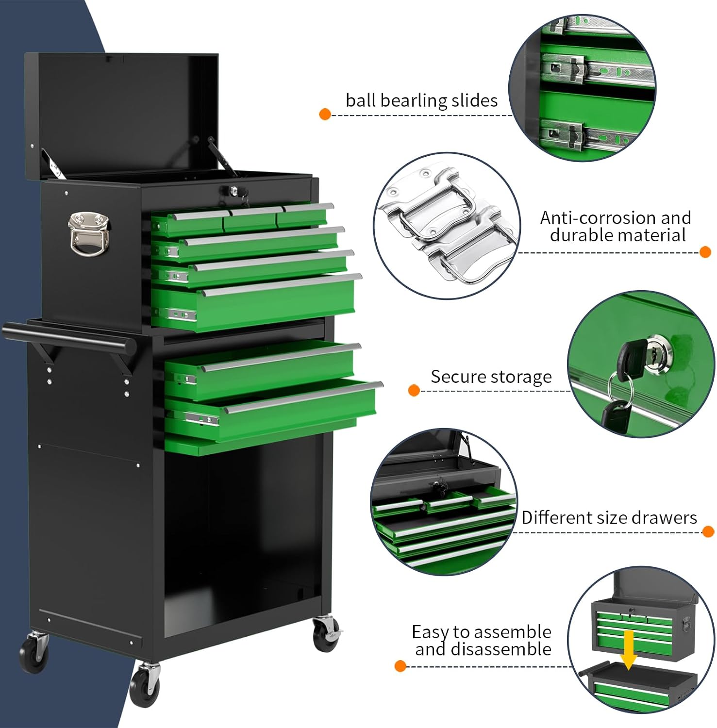 8-Drawer Rolling Tool Box, Lockable Rolling Tool Chest with Wheels and Drawers, 2 in 1 Large Capacity Storage Tool Cabinet for Warehouse, Garage, Tool Room and Repair Shop (Black&Green)