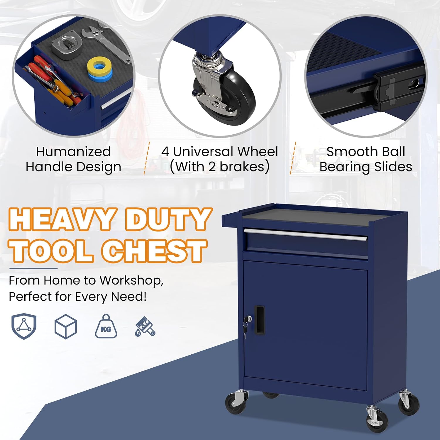 Tool Chest, 5-Drawer Rolling Tool Chest with Detachable Top Tool Box, Tool Box with Wheels, Tool Storage Cabinet for Garage, Warehouse, Workshop (Blue)
