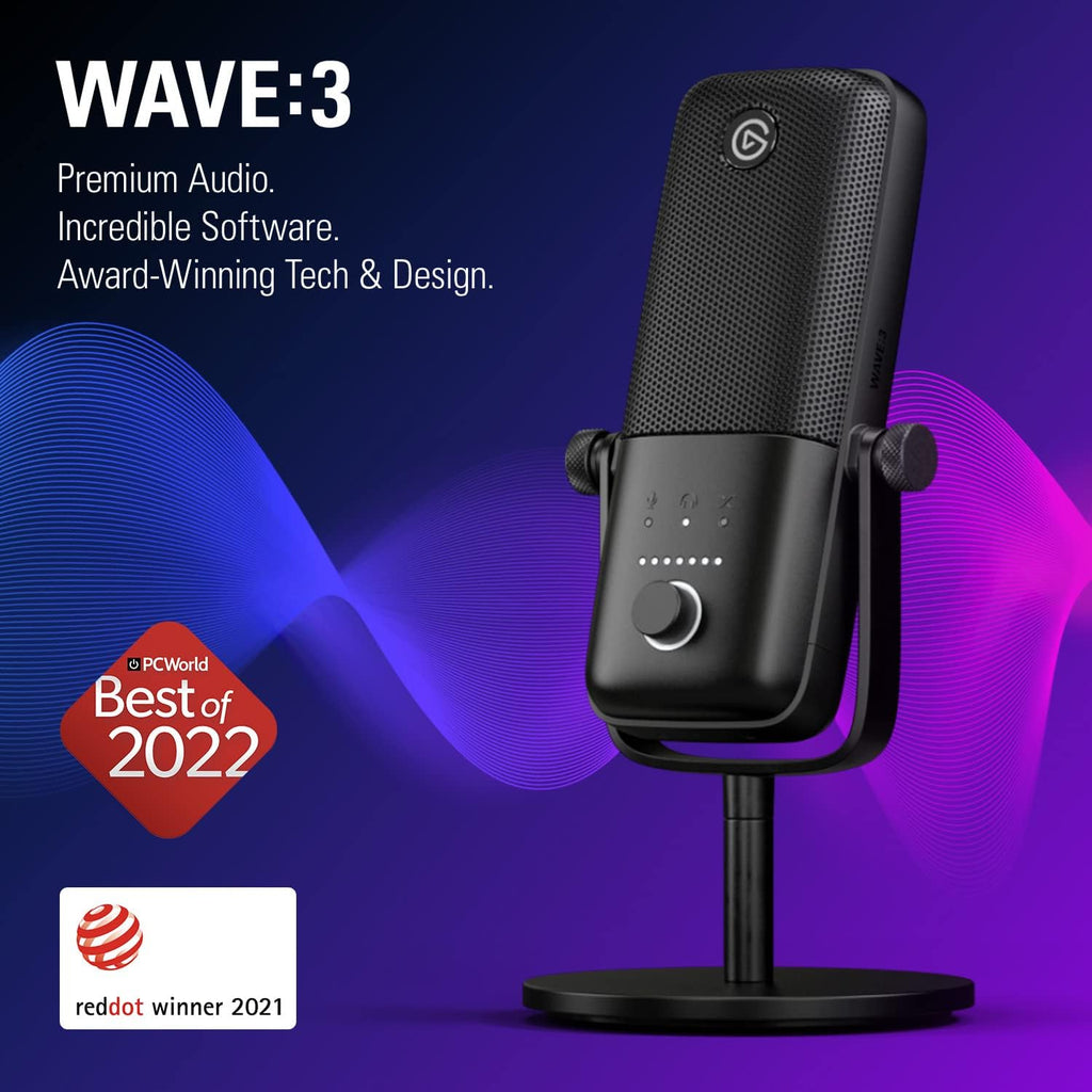 Elgato Wave:3 - Premium Studio Quality USB Condenser Microphone for Streaming, Podcast, Gaming and Home Office, Free Mixer Software, Sound Effect Plugins, Anti-Distortion, Plug 'n Play, for Mac, PC