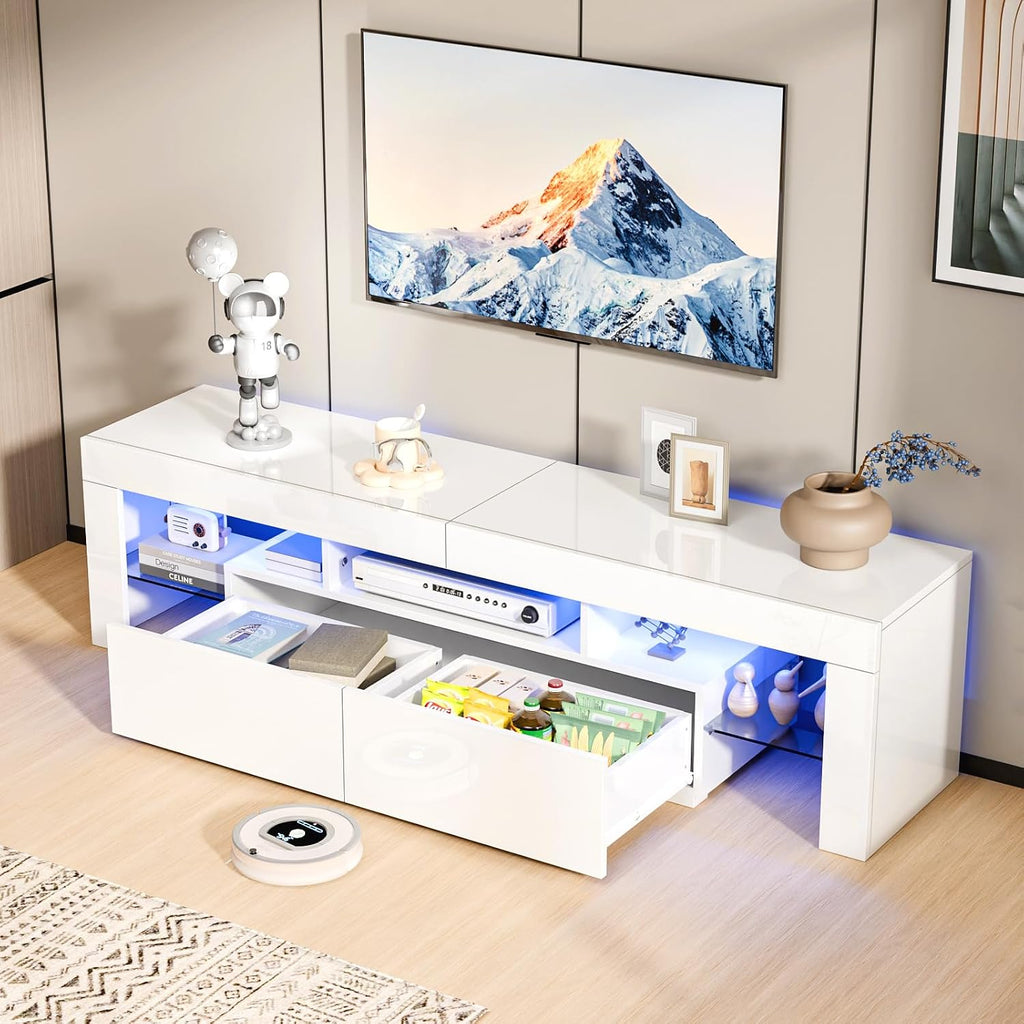 Bonnlo 63' LED TV Stand, Modern White Entertainment Center with Storage and LED Lights for 55/60/65/70 Inch TVs, High Gloss Design for Living Room and Bedroom (White, 63'' x 14'' x 18'')