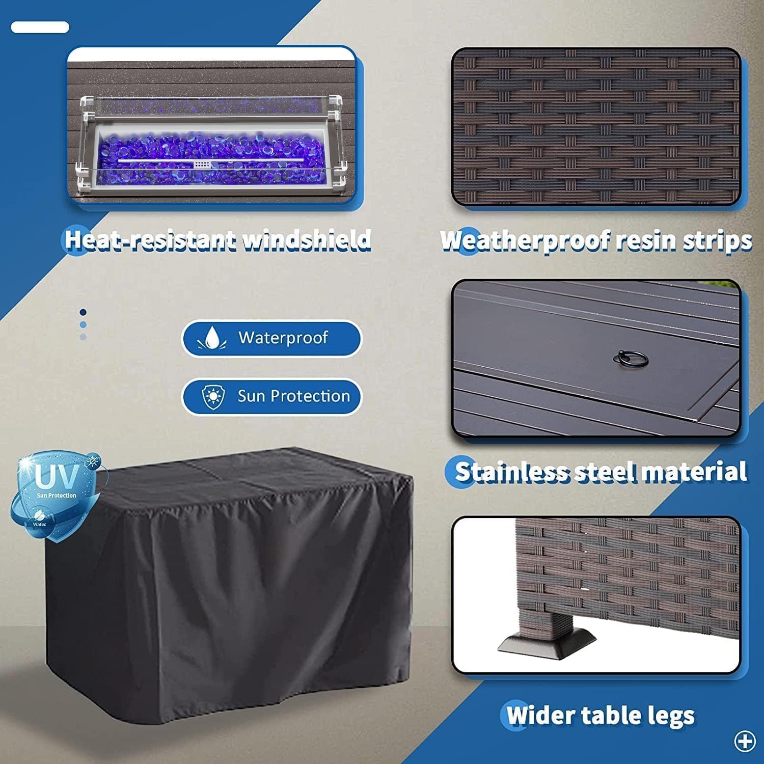 43' Wicker Outdoor Propane Gas Fire Pit Table with Rectangle Fire Pit Lid,55000 BTU Auto-Ignition Table Fire Pit w/Glass Wind Guard, Glass Rock for Outdoor,ETL Certified