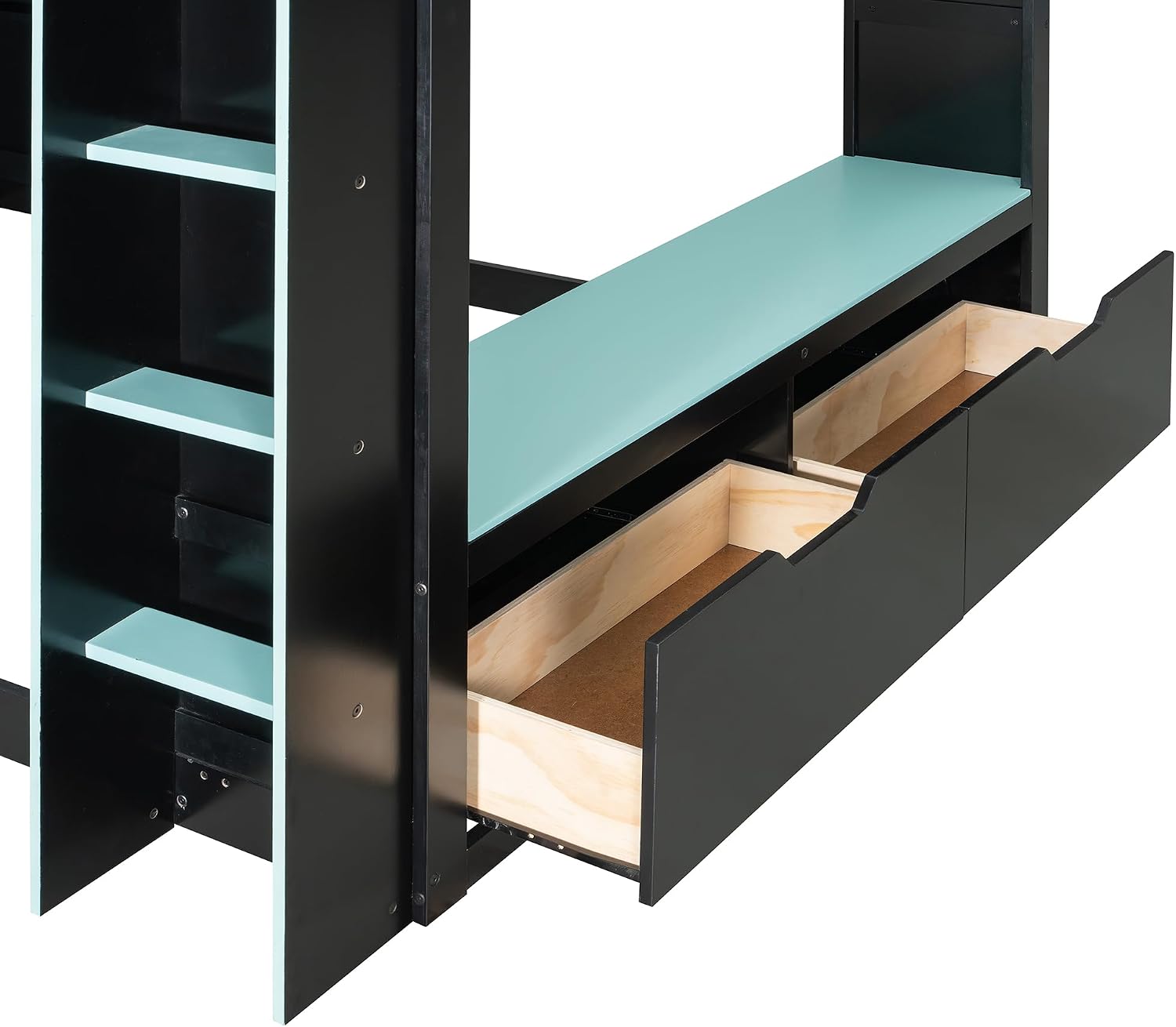 SOFTSEA Full Size Gaming Loft Bed with Desk, Storage Headboard, Drawers, Hanging Rod, USB Ports & LED Lights for Bedroom, No Box Spring Needed, Blue
