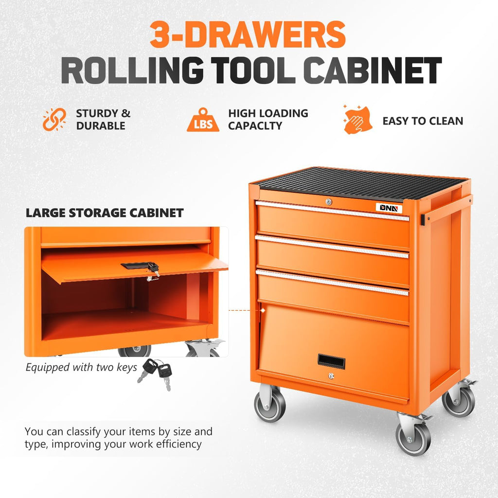 DNA Motoring 3-Drawer Rolling Tools Chest, Rolling Tool Storage Cabinet, Heavy Duty Mechanic Tool Cart, Trolley Organizer for Garage, Warehouse, Workshop, Orange, TOOLS-00400