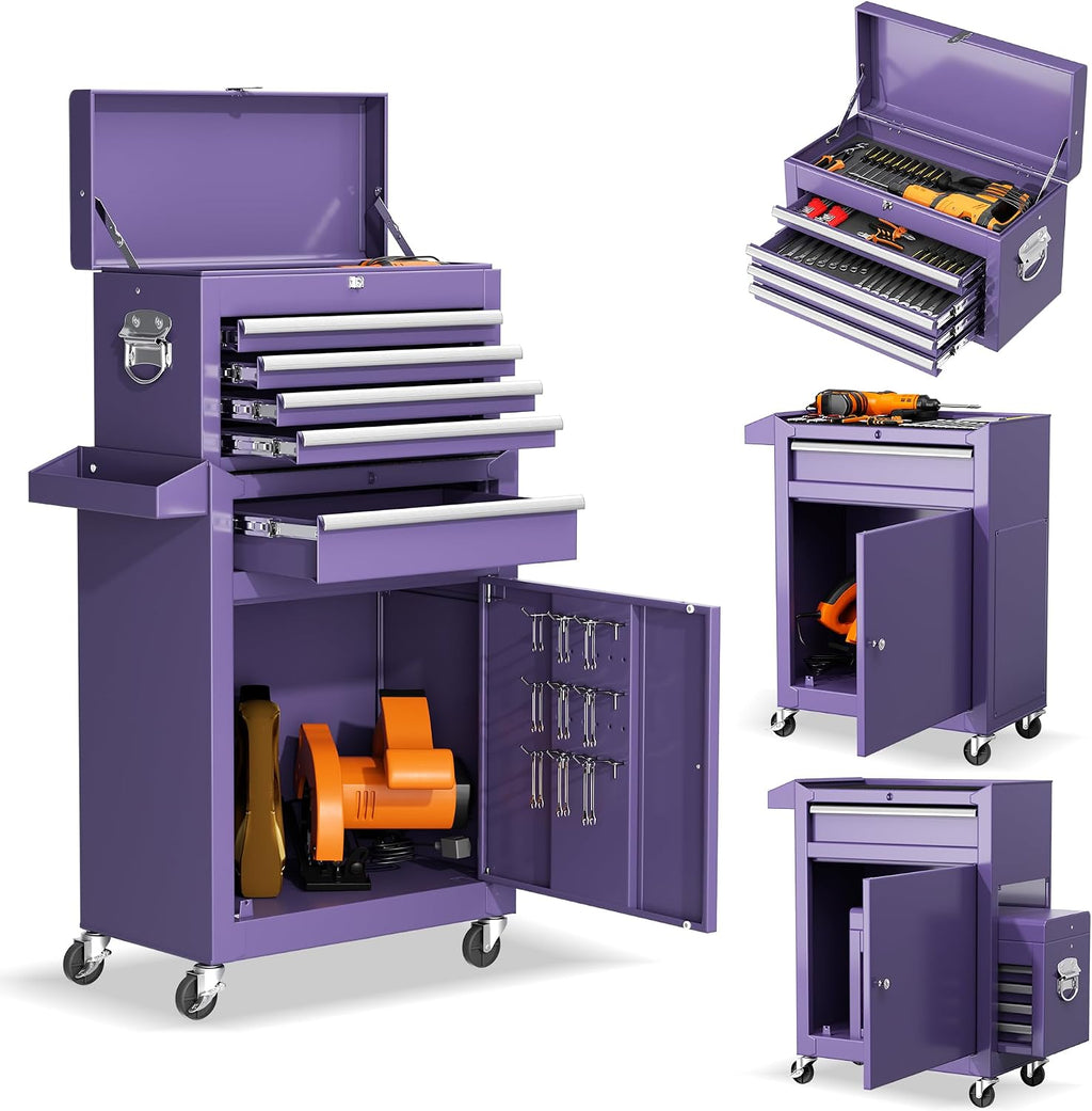 5-Drawer Rolling Tool Chest - Heavy-Duty Steel Tool Cabinet with Detachable Top Box, Locking Wheels & Security System for Garage/Workshop, 2-in-1 Design (Purple)