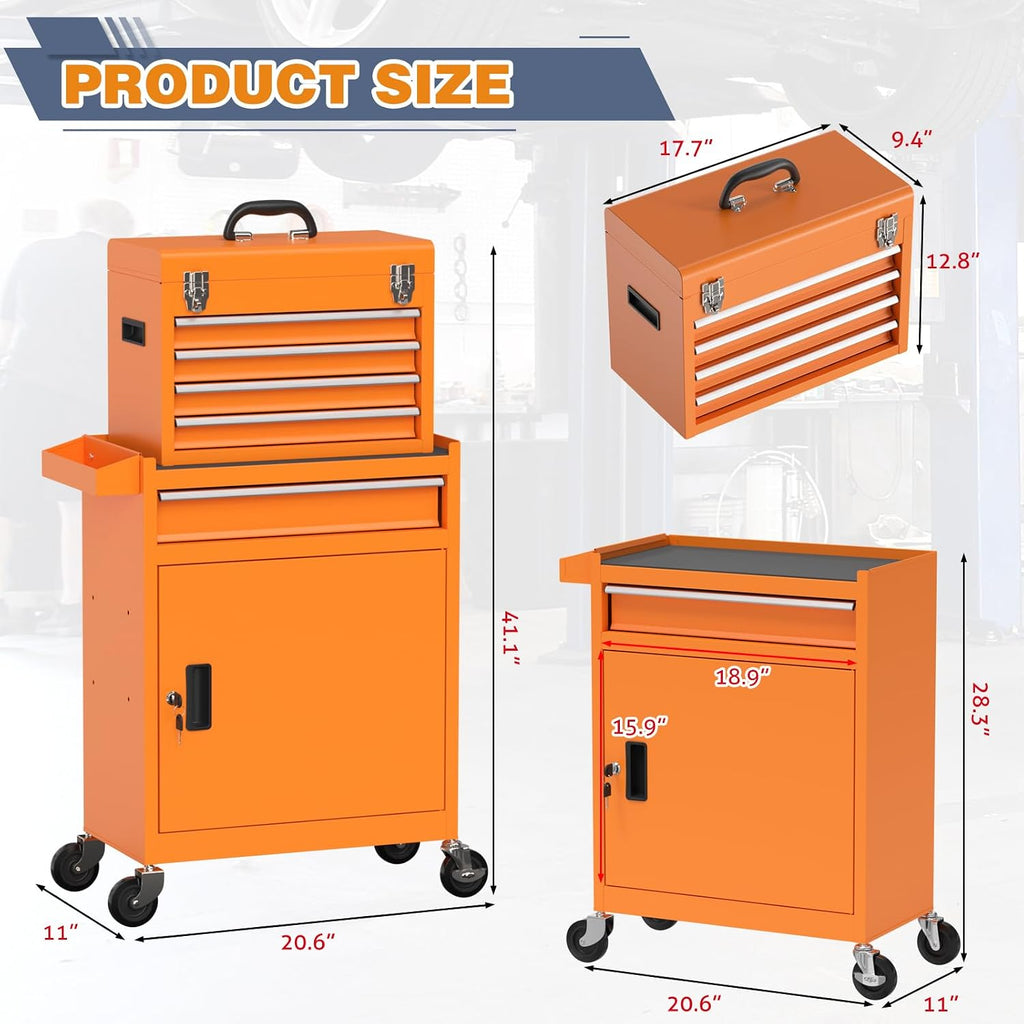 Tool Chest, 5-Drawer Rolling Tool Chest with Detachable Top Box, Tool Box with Wheels, Tool Storage Cabinet for Warehouse, Garage, Workshop Orange