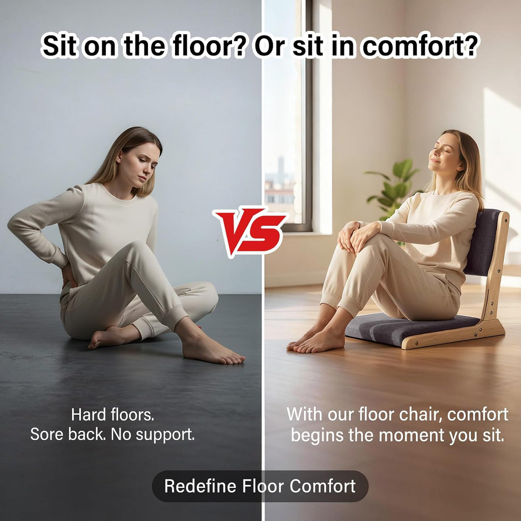 Tiita Floor Chair with Back Support, Foldable Meditation Tatami Chairs, Backrest Chair with Cushion, Living Room Chair Seat 2 Pack, Wood Dark Grey