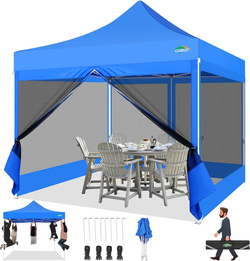 COBIZI 10x10 Canopy Tent with 4 Sidewalls,Heavy Duty Pop up Canopy with Mosquito Netting,Easy up Screen Tent for Parties Wedding Outdoor Camping with Handbag,Blue