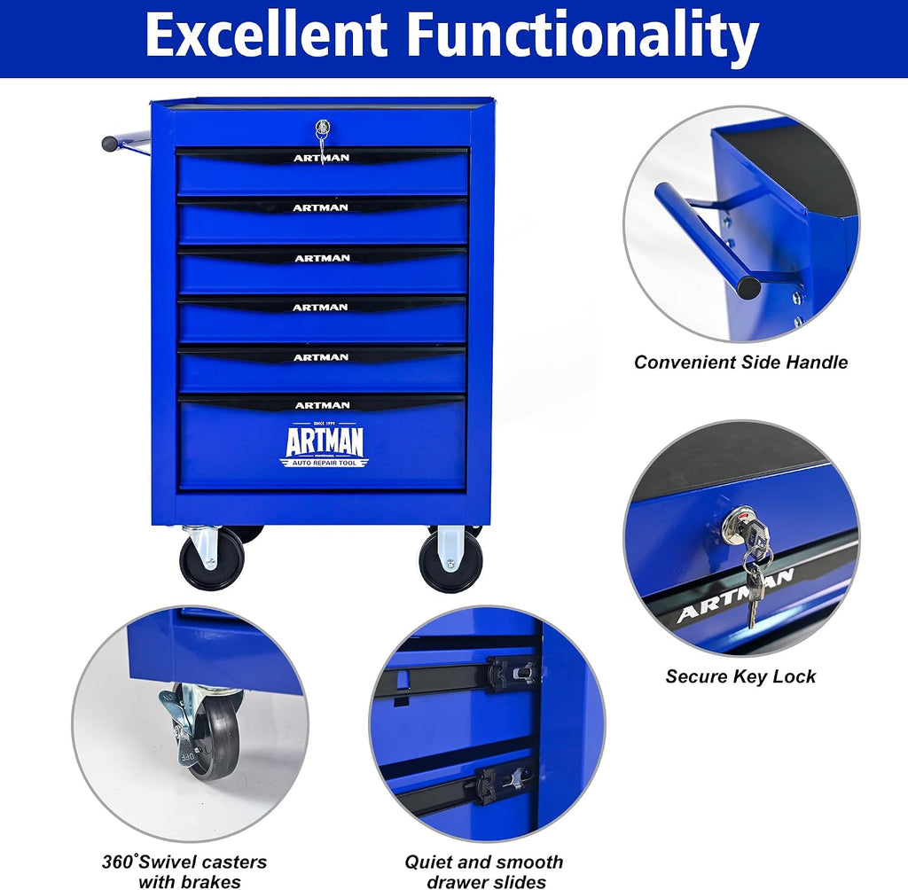 6 Drawers Rolling Tool Box on Wheels, Multifunctional Tool Chest Cabinet with Lock, Drawers Rolling Tool Cart Trolley Organizer Tool Storage Case for Warehouse,Garage,Workshop (Blue)