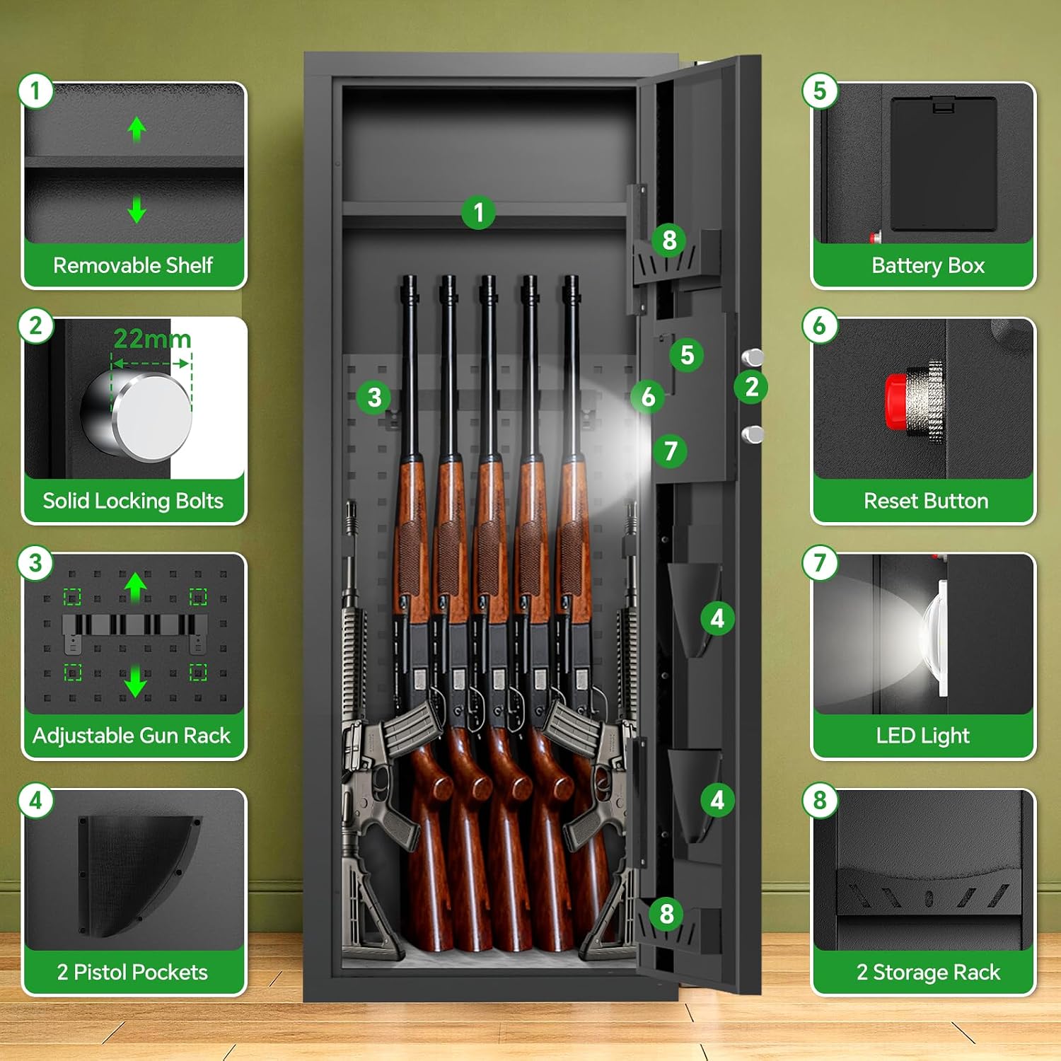 10-15 Gun Rifle Safe for Home Security, Gun Safe for Rifles and Pistols - Quick Access Digital Keypad | Easy Assembly Gun Safe with Adjustable Shelves (Fits Shotguns & Ammo)