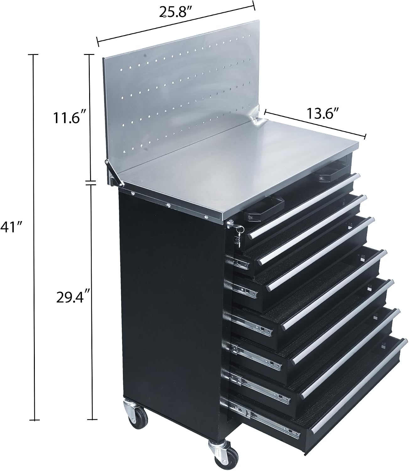7-Drawer Rolling Tool Chest with Pegboard and Wheels, Heavy Duty Workstation with Stainless Steel Countertop and Drawers, Mechanics Tool Cabinet with Secure Locking System for Home, Office, Workshop