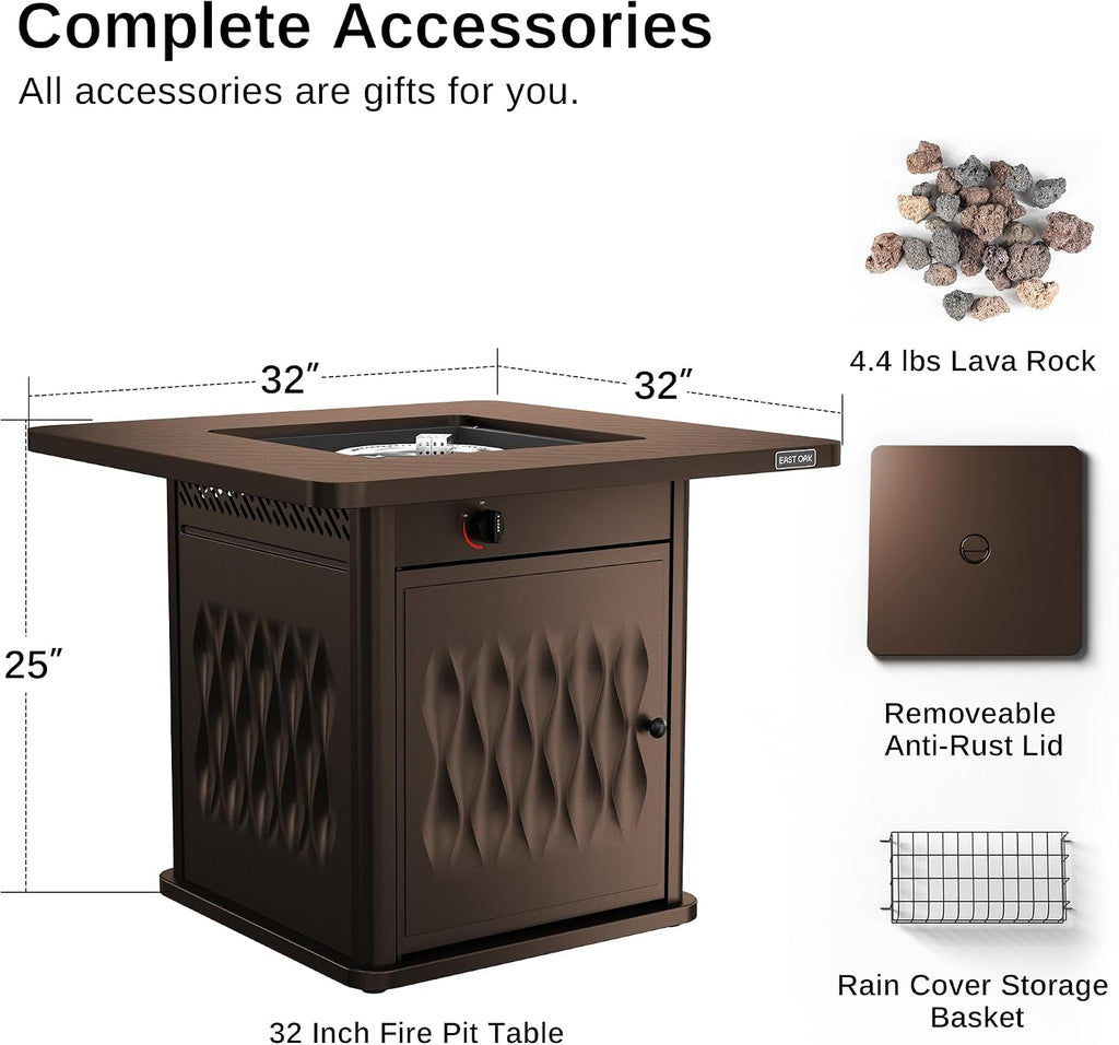 EAST OAK 32'' Propane Fire Pit Table, 50,000 BTU Steel Gas FirePit for Outdoor, Outside Patio Deck and Garden, CSA Certified Fire Table with Magnetic Lid, Cover-Storage Basket and Lava Rock, Brown