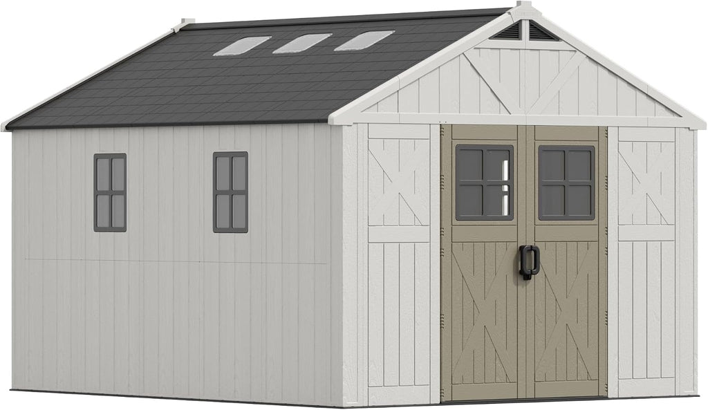 Devoko 10x12 FT Resin Outdoor Storage Shed with Floor, Outside Large Storage Shed for Patio Backyard Lawn, Beige