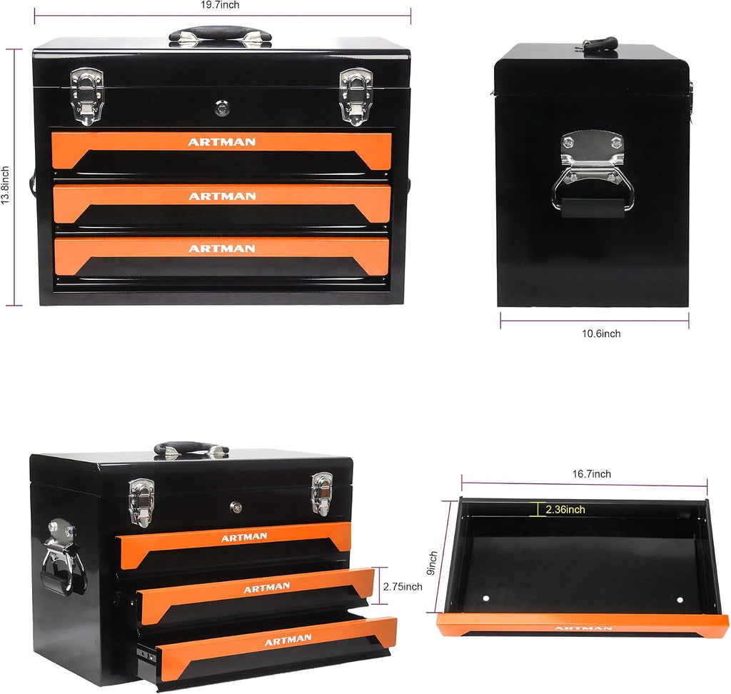 439-Piece Mechanic Tool Set in Heavy-Duty 3-Drawer Steel Box with 4-Tier Socket, Wrenches & Pliers. Portable Household Tool Kit Organizer Case for Auto Repair, Garage, Workshop. Orange