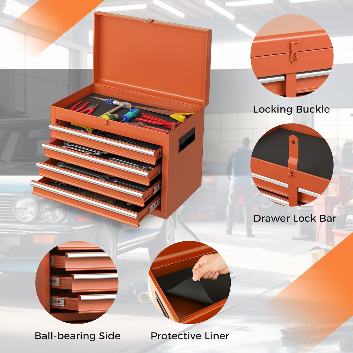 IRONMAX Rolling Tool Chest, 5-Drawer Lockable Tool Cabinet w/Adjustable Shelf & 4 Universal Wheels, 2 in 1 Detachable Tool Box Storage Organizer for Garage Workshop Repair Shop, Orange