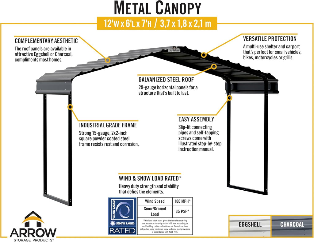 Arrow Metal Canopy, Galvanized Steel Outdoor Awning for Grill, ATV, and Motorcycle Protection, Weather-Resistant Shelter, 12' x 6' x 7', Eggshell