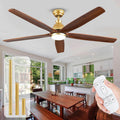 52 Inch Gold Ceiling Fans with Lights and Remote, 5 Blade Natural Solid Wood Ceiling Fan with Light Quiet DC Motor Fan, Farmhouse Ceiling Fans for Outdoor Patios Porch Gazebo Bedroom