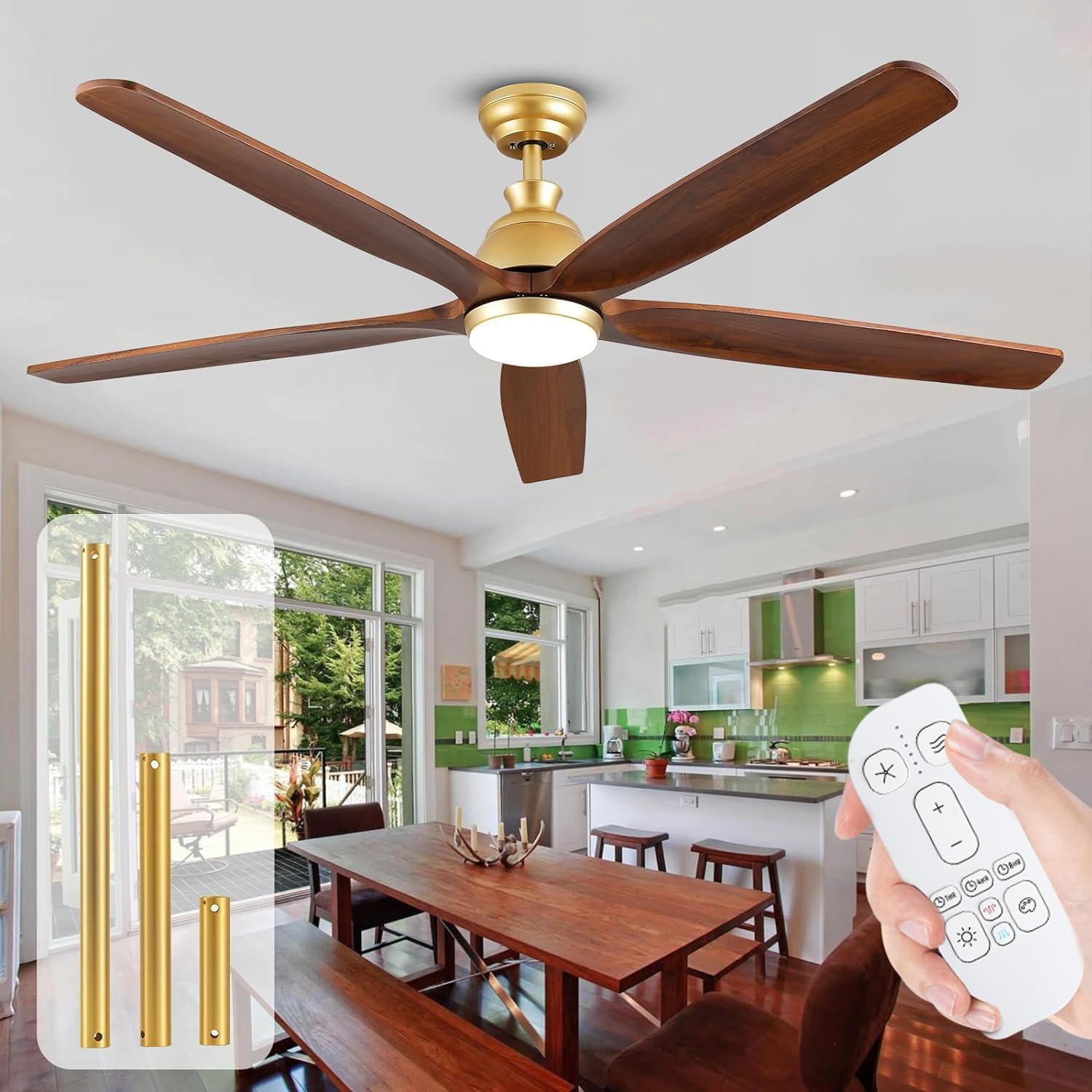 52 Inch Gold Ceiling Fans with Lights and Remote, 5 Blade Natural Solid Wood Ceiling Fan with Light Quiet DC Motor Fan, Farmhouse Ceiling Fans for Outdoor Patios Porch Gazebo Bedroom